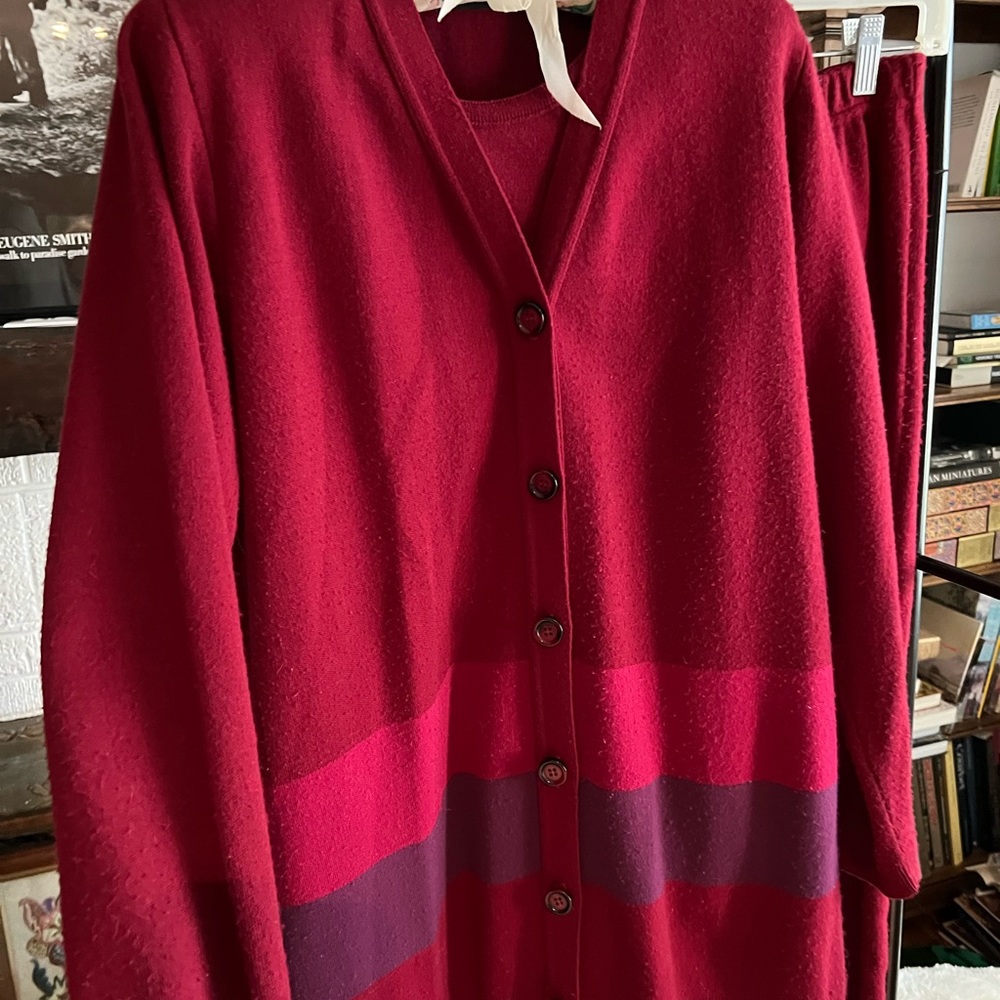 3 piece set in Rich Cabernet, Short Sleeve Top, Skirt, Sweater in S